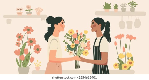 Illustration of a client and florist talking about flower bouquet choices, with a minimalist flower arrangement in the background