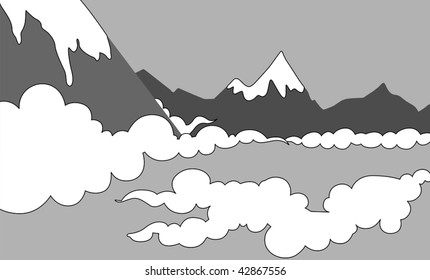 Illustration of a cliff of mountain with clouds	