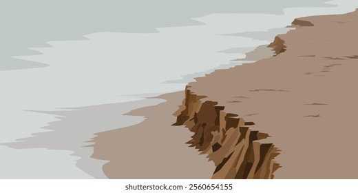 
illustration of a cliff overlooking the ocean. The rock is shades of brown and beige, and some areas are eroded. The water is light blue-green. the mood of the illustration is peaceful and serene.