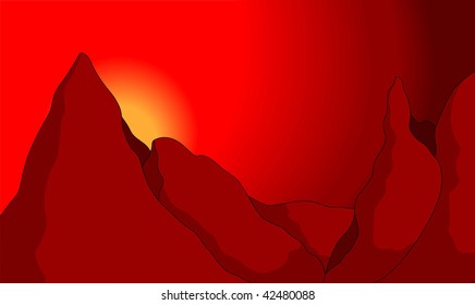Illustration of a cliff of red mountain with sunlight	