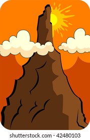 Illustration of a cliff of rock with sunlight and clouds	