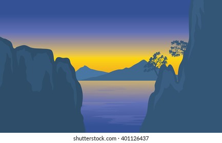 Illustration of cliff in sea with mountain background