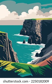 illustration  of Cliffs of Moher and Burren Ireland tourist attraction vector flat color poster