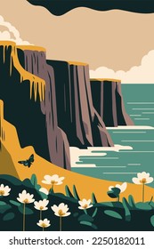 illustration  of Cliffs of Moher and Burren Ireland tourist attraction vector flat color poster