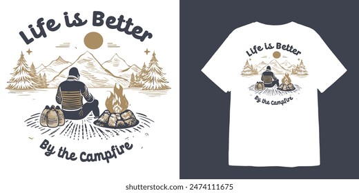 ilustración de escalador frente a un campamento con montañas y bosques y texto en vivo es mejor por el fuego de leva para el diseño de camiseta