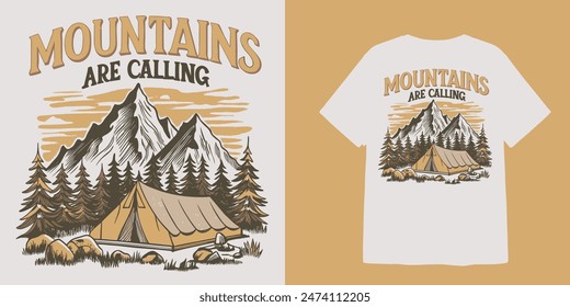 illustration of a climber in front of a camp tent with a background of mountains and forests and text mountains are calling