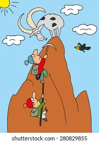 illustration climbers cartoon. Two climbers climb the mountain top