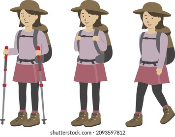 Illustration of climbing female (trekking pole, standing, walking) 3 patterns