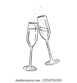 Illustration of clinking champagne glasses. Line drawn illustration, taking inspiration from weddings, events and celebrations. Cheers.