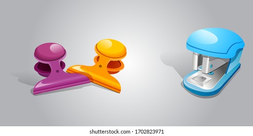 Illustration of clip and stapler, with gray background vector