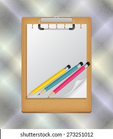 Illustration of clipboard with blank paper, curled corner and pencils 