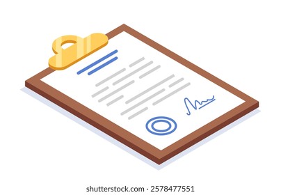 Illustration of a clipboard holding a signed document with blue text and a signature, featuring a golden clip on a white background. Concept of agreement. Vector illustration