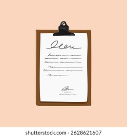 Illustration of a clipboard with a paper attached. The clipboard holds a paper with handwritten text. Simple clipboard design with paper and clip. Aesthetic vector illustration.