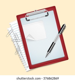 Illustration of clipboard with pen, checked and lined paper, sticker and paper clips