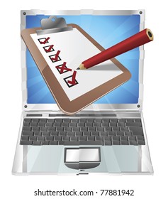 An illustration of a clipboard with pencil marking on it  coming out of laptop screen. Perhaps an online survey, opinion poll, or inspection document