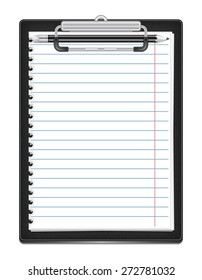 Illustration of clipboard with ruled paper and pencil isolated 