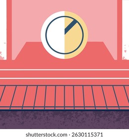 Illustration of a clock above a pink structure with a fence like design at the bottom of the image area