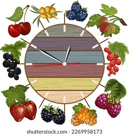 Illustration with clock and berries.Vector illustration with decorative dial and ripe berries.