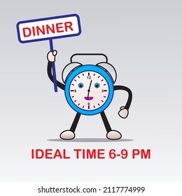  illustration of a clock cartoon with a meal time reminder. suitable for educational visual content about health