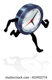An illustration of a clock character running. Concept perhaps for time pressure or running out of time