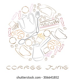 Illustration of a clock with coffee elements and text c Coffee Time