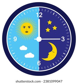 Illustration of a clock with a day and night dial.Moon and sun with clouds and stars on a white background.