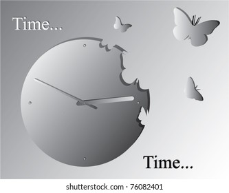illustration of clock with flying butterflies