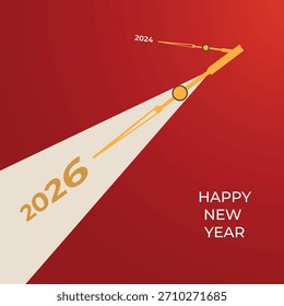 Ilustração de Mãos do Relógio em Transição de 2024 para 2026 no Fundo Vermelho Mostrando Esperança e Celebrações de Ano Novo Alcançando Perto do Início da Nova Era