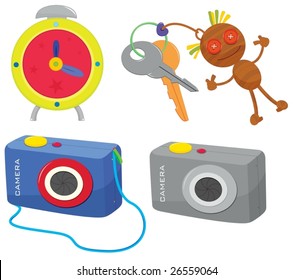 an illustration of a clock, keys and two cameras