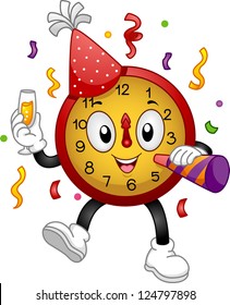 Illustration of a Clock Mascot Wearing a Party Hat and Using a Noise Maker to Celebrate New Year