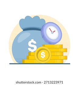 Ilustración de un reloj con dinero, que representa el concepto de tiempo es dinero, planificación financiera, presupuestación y gestión de recursos comerciales.