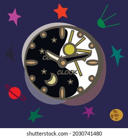 Illustration of a clock in the night sky.