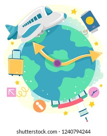 Illustration of a Clock on a Globe with Airplane, Luggage and Airport