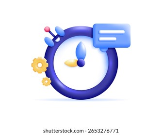 Ilustração de um robô relógio com engrenagens e um símbolo de bate-papo. Conceito de gerenciamento de tempo de IA. Gerenciamento e planejamento de tempo. Serviços e apoio tecnológicos de inteligência artificial. Estilo 3D minimalista