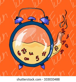 Illustration clock in the shape of a teapot. Tea with numbers. Postcard which reminds about the holidays. Seamless pattern.