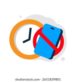 Illustration of a clock showing 8 PM and smartphone with a red prohibition sign, representing digital detox, healthy sleep habits, and a reminder to turn off mobile devices before bedtime
