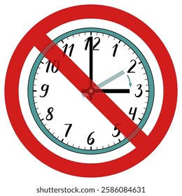 An illustration of a clock showing time adjustment, crossed out with a red circle, symbolizing the absence of the need to change clocks. Represents regions that do not observe daylight saving time.