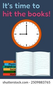 Ilustración de un reloj, pila de libros y libro abierto con texto motivacional. Perfecto para temas de regreso a la escuela y materiales educativos.