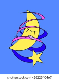 a illustration of close eyes crescent moon smiling