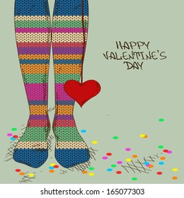 Illustration with close up feet in striped knitted stockings and heart gift