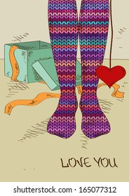 Illustration with close up girl's feet in striped knitted stockings and heart gift