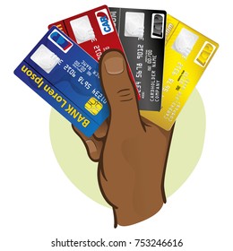 Illustration is the close of a hand holding a credit card, African descent. Ideal for financial campaigns