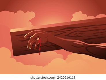 An illustration of Close up view of hand of Christ nailed to the cross. Biblical series
