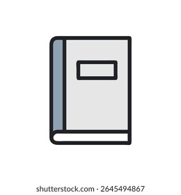 Illustration of closed book with gray cover and simple rectangular label, flat style.