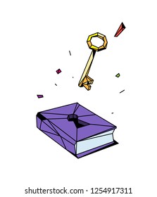 Illustration of a closed book and key. Vector. Flat style. Illustration for poster, print and website. The discovery of new knowledge. Tutorial.