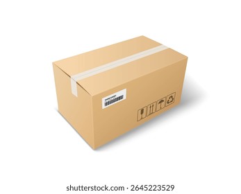 Illustration of a closed cardboard box with delivery symbols on a white background. Represents shipping, logistics, and packaging for ecommerce and storage.