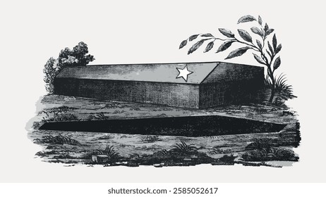 Illustration of a closed coffin with a star, surrounded by nature. The coffin is central, with a star symbol. Nature elements frame the coffin scene. Vintage art illustration, vector.