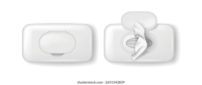 Ilustração de toalhetes úmidos fechados e abertos. Design minimalista. Esquema de cores brancas. Limpeza e higiene. Eficaz para uso doméstico ou pessoal.