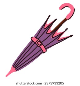 Illustration of a closed purple umbrella-cane, highlighted on a white background. An umbrella with Velcro, pink inside. Protection from rain and sun for autumn, spring, summer. Multifunctional item