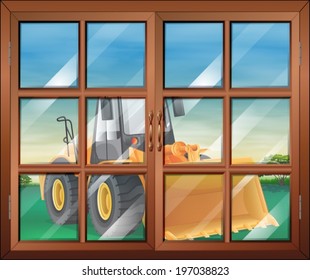 Illustration of a closed window with a bulldozer